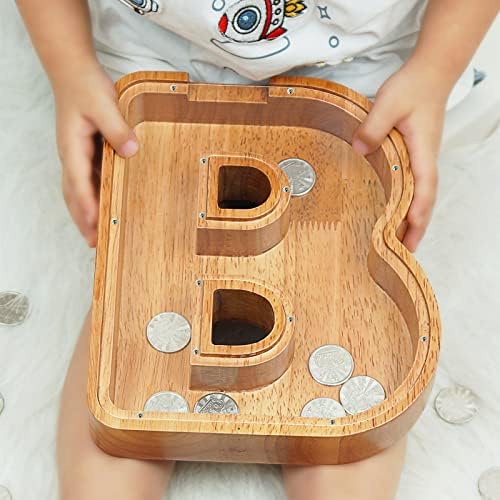 Sulevalt wooden bank for kids with colourful laser name stickers applied to the transparent front screen close up view