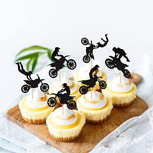 Black glitter motocross cupcake decorations for boys birthday party