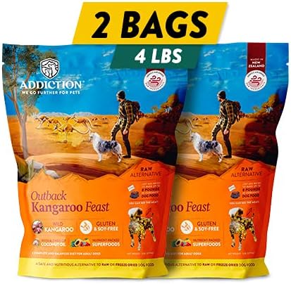 Addiction Outback Kangaroo Feast Air Dried Grain Free Dog Food front view pack for sensitive dogs