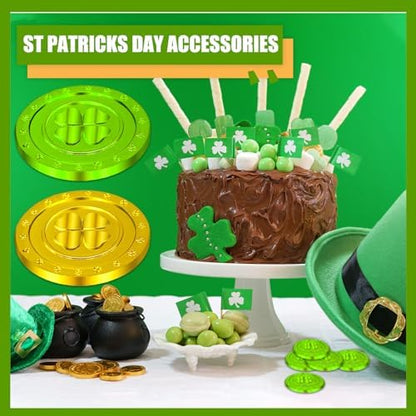 Gold and green plastic shamrock coins scattered as holiday table decor arrangement.