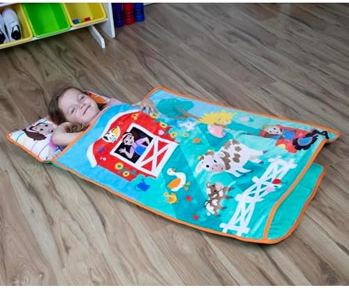 Soft texture detail of the machine washable polyester farm themed children sleep mat