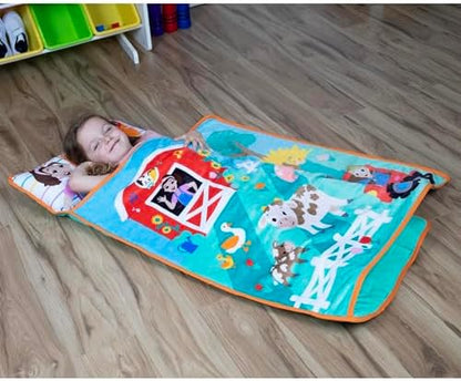 Soft texture detail of the machine washable polyester farm themed children sleep mat