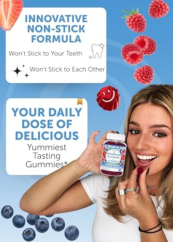 Two soft wildberry flavored chewable magnesium gummies placed next to the authentic USA imported bottle.