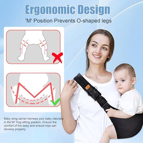 Side profile of a parent comfortably wearing the Marrlly ergonomic hip seat carrier with an infant.