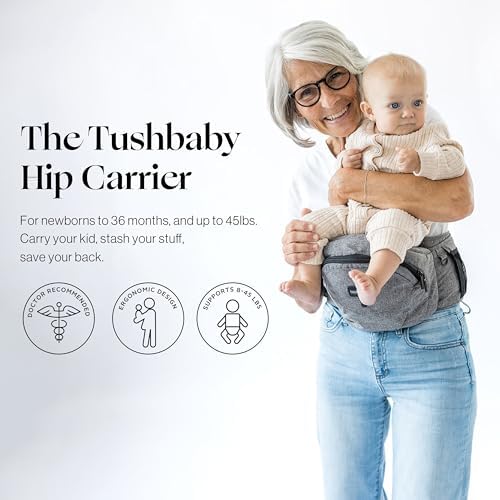 Ergonomic waist stool baby carrier showing large storage pockets