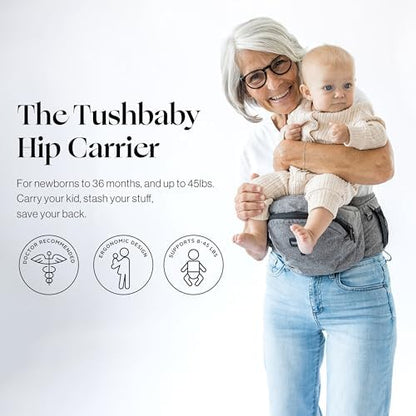 Ergonomic waist stool baby carrier showing large storage pockets