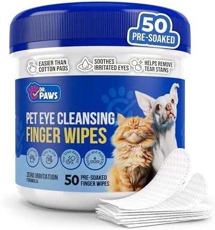 Dog eye wipes tear stain remover being used on a dog for zero irritation cleaning.
