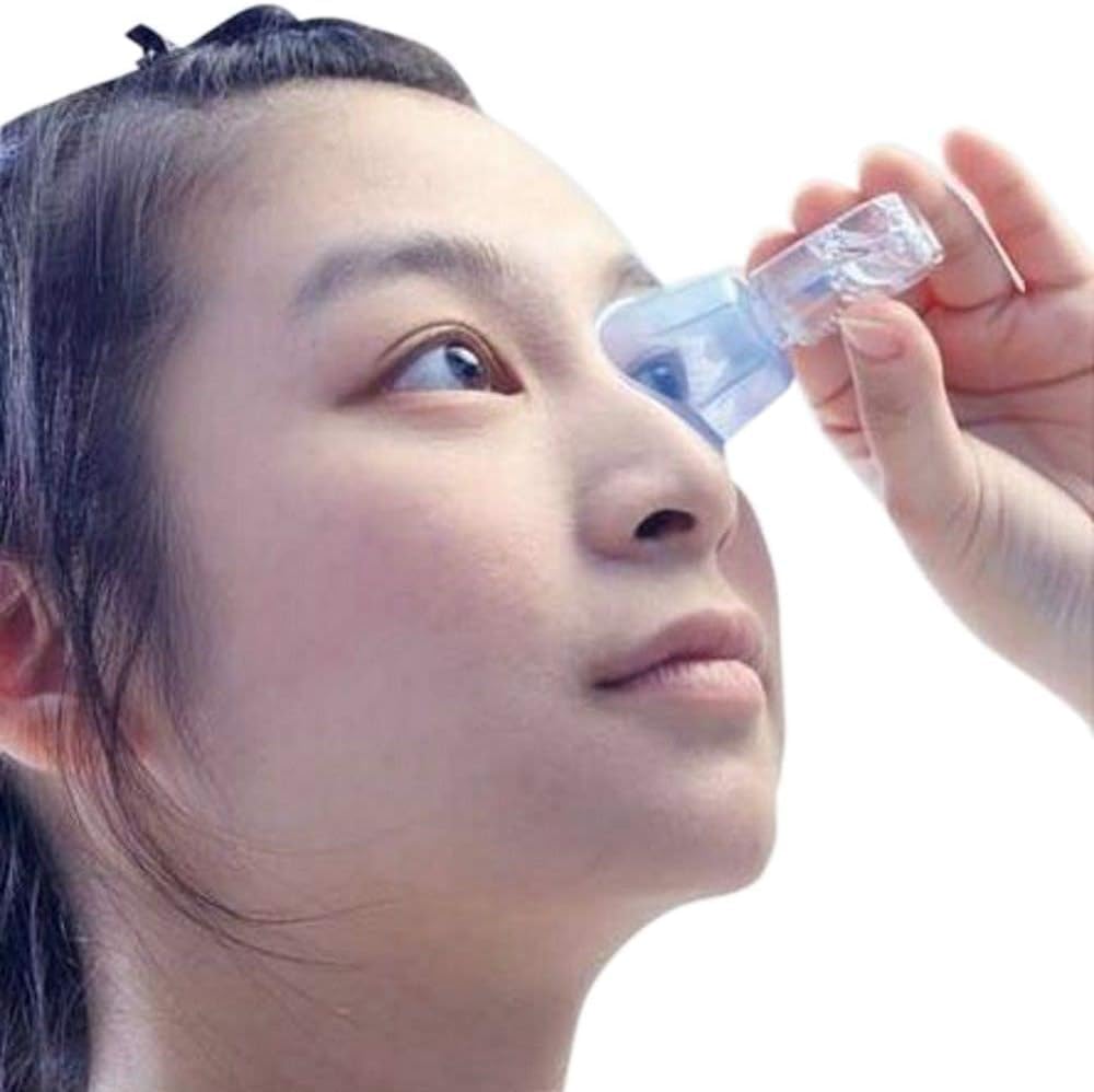 Shine International Easy Eye Drop Guide front view showing blue dispenser applicator tool.