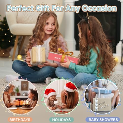 Gender neutral baby musical gift set inside natural contemporary nursery setting