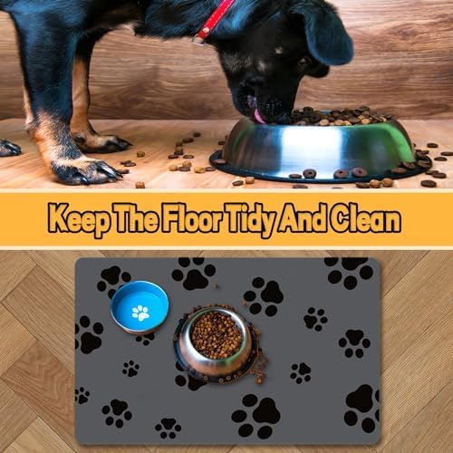 Non-slip rubber backing on grey cat and dog bowl mat