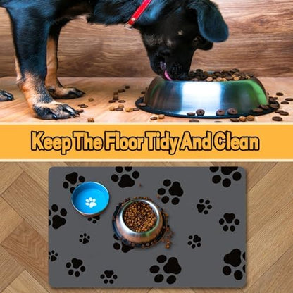 Non-slip rubber backing on grey cat and dog bowl mat