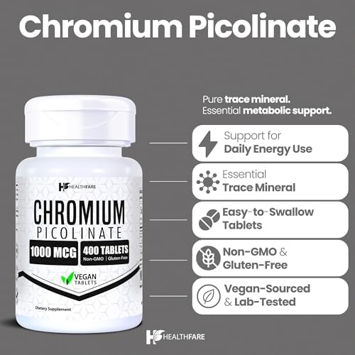 HealthFare Chromium Picolinate supplement bottle showing the high-potency 1000 Mcg nutritional information panel.