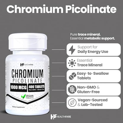 HealthFare Chromium Picolinate supplement bottle showing the high-potency 1000 Mcg nutritional information panel.