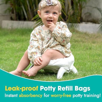 Disposable potty liner bag placed on portable toilet seat