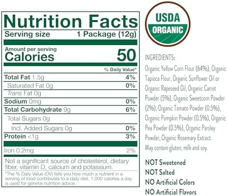 Little Bellies organic puffed corn snacks individual bags showing clean non-GMO ingredients