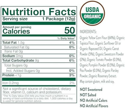 Little Bellies organic puffed corn snacks individual bags showing clean non-GMO ingredients