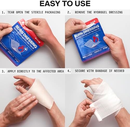 SurviveX burn kit components including 4x4 inch sterile hydrogel pads