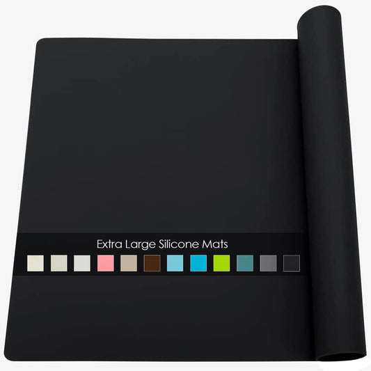 Qpix Digital food grade silicone kitchen counter mat flat top view showing its large black rectangular surface