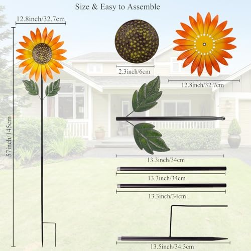 Full 57 inch height view of metal flower wind sculpture
