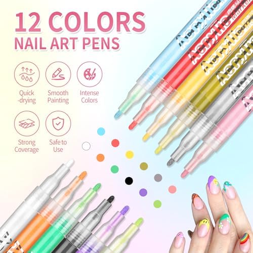 Detailed view of the 12 vibrant nail art marker colors.