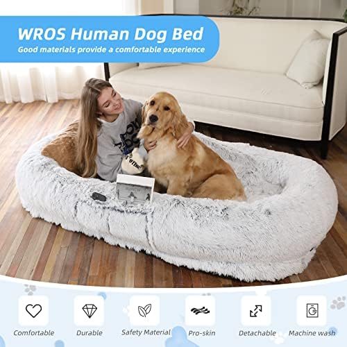 WROS Human Dog Bed - 71"x45"x12" Fits You & Pets, Washable Faux Fur, Orthopedic, Plump Pillow, Blanket, Strap - Grey - Image 3