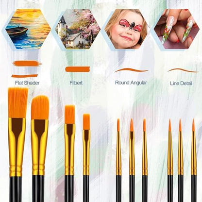 Close-up of the durable black handles and golden ferrules on the DOMMARE assorted acrylic painting kit.