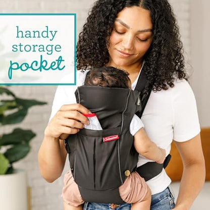 Infantino infant pouch carrier showcasing the detachable patterned Wonder Cover bib attached to the front.