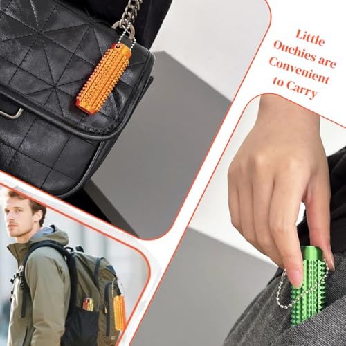 Cylindrical pocket sized plastic fidget roller next to travel accessories