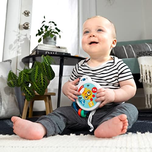 Back view of the lightweight Baby Einstein infant toy highlighting the secure battery compartment enclosure.