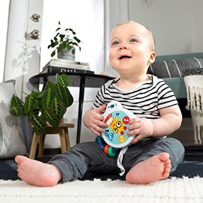 Back view of the lightweight Baby Einstein infant toy highlighting the secure battery compartment enclosure.