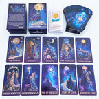 Seventy-eight cosmic tarot cards spread out displaying vibrant galaxy artwork.