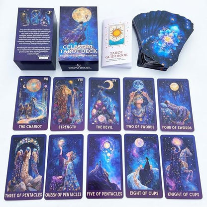 Seventy-eight cosmic tarot cards spread out displaying vibrant galaxy artwork.