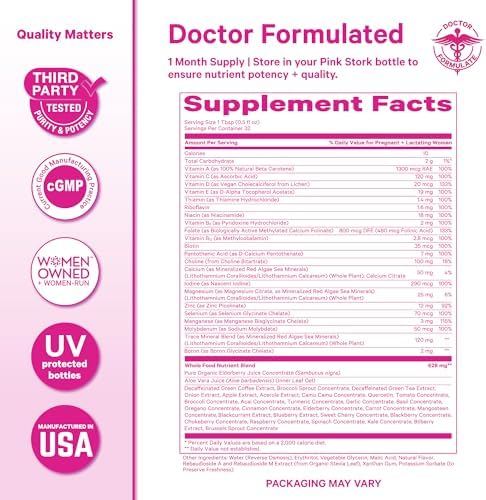 Pink Stork liquid prenatal vitamins 32 servings bottle back view