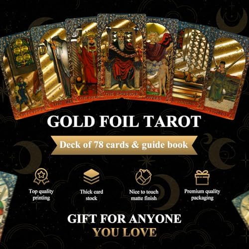 Close up of Kiino Gold Foil Tarot cards with Rider Waite imagery
