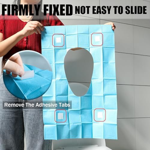 Four adhesive tabs on the underside of blue travel toilet seat covers