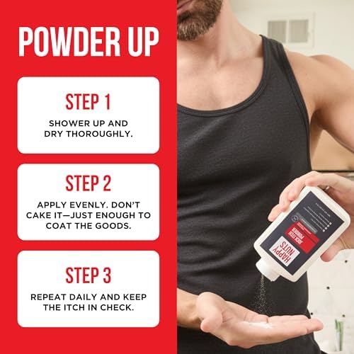 HAPPY NUTS antifungal medicated powder for men applied to prevent chafing and sweat