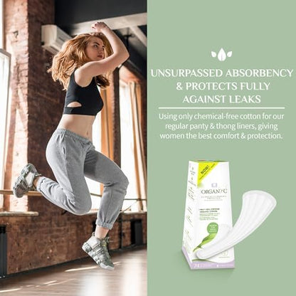 Organyc hypoallergenic thong liners for daily freshness and protection.