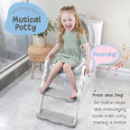 Folded collapsible baby toilet seat attachment with handles showing easy bathroom storage