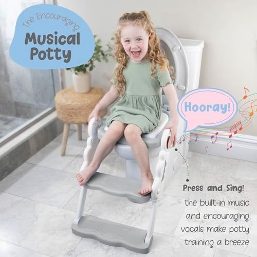 Folded collapsible baby toilet seat attachment with handles showing easy bathroom storage