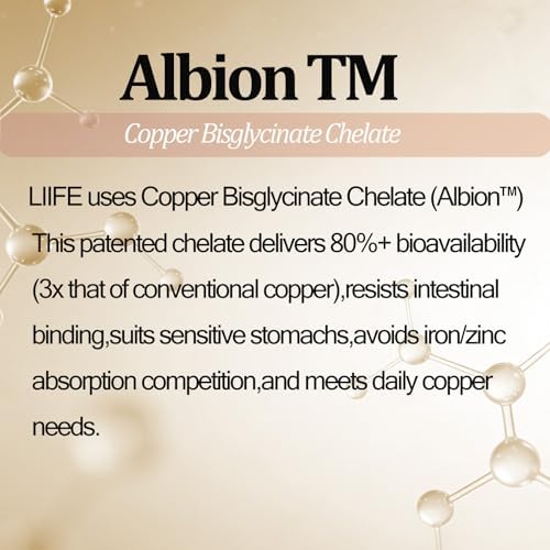 Liife Albion Chelated Copper 120 veggie capsules container highlighting red blood cell support