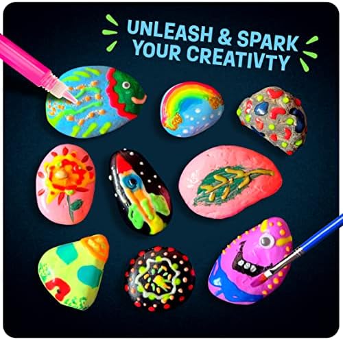 Complete contents of the thirty-one piece children craft activity kit displayed on a flat surface showing ten smooth river stones.