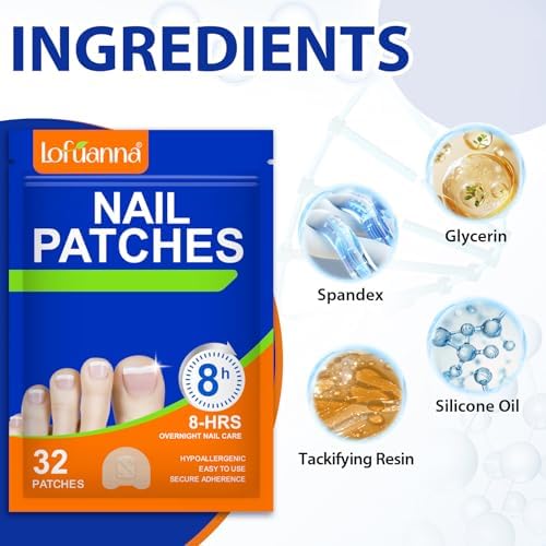 Step-by-step application graphic demonstrating how to place the adhesive overnight treatment onto a discolored toenail.