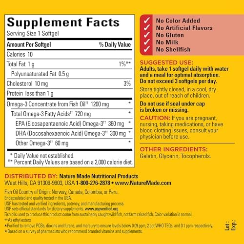 Nature Made Fish Oil supplement bottle label showing omega-3 nutritional facts