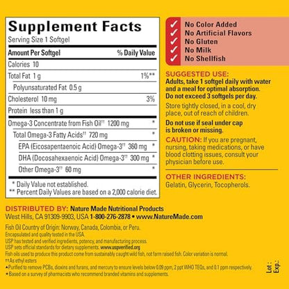Nature Made Omega 3 supplement facts panel showing EPA and DHA amounts