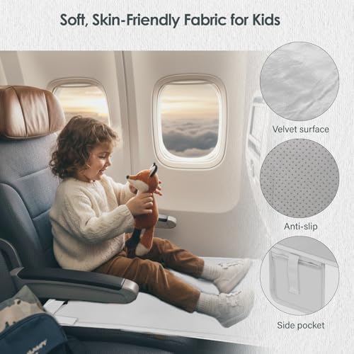 Compact gray kids airplane bed folded down next to its portable travel pouch.