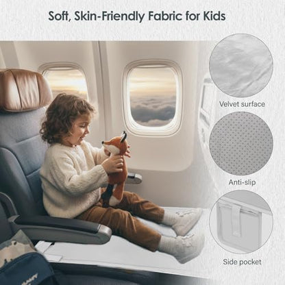 Compact gray kids airplane bed folded down next to its portable travel pouch.