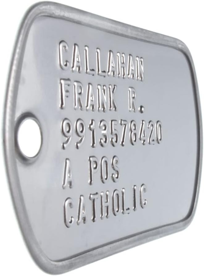 Corrosion resistant T304 stainless steel tactical dog tags laid out with assembly hardware.