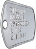 Corrosion resistant T304 stainless steel tactical dog tags laid out with assembly hardware.