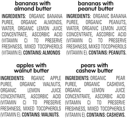 Nutty Blends organic banana and peanut butter baby food pouch with pediatric allergist development label