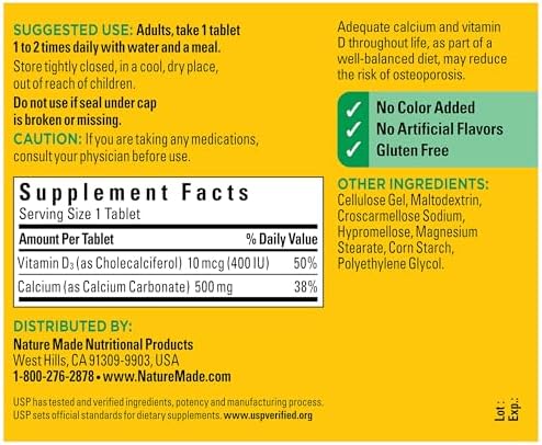 Nature Made gluten free bone health supplement tablets detailed side view label